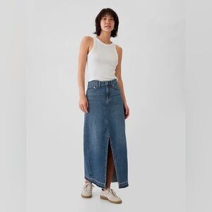 GAP denim maxi skirt with slit on front, frayed hem